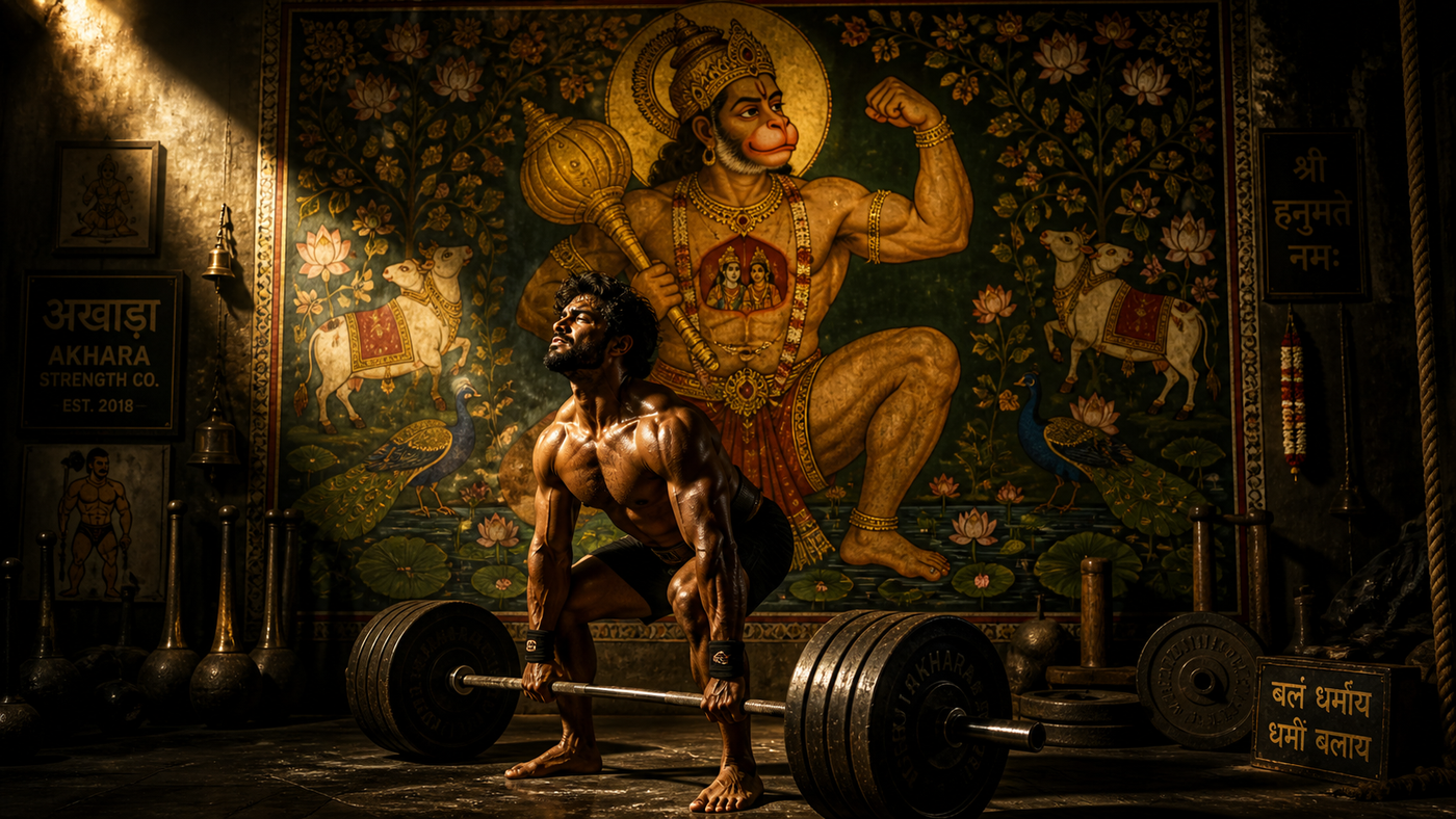 Akhara Strength Co. — member mid-deadlift, Saket gym floor